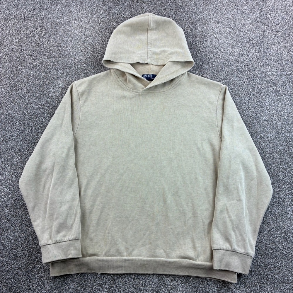 Polo Ralph Lauren Hoodie Mens 2XL Beige Cotton Pullover‎ Ribbed Knit Sweatshirt
